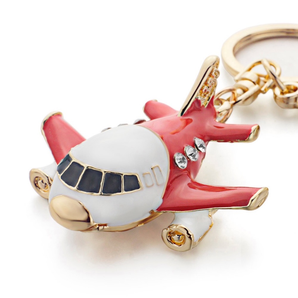 Beautiful Red and White Crystal Airplane Keychain Charm